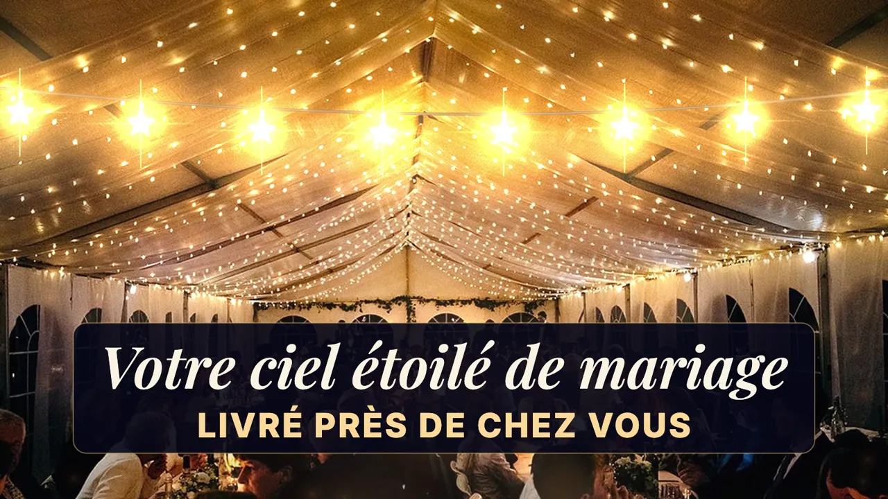 Un ciel étoilé de guirlandes lumineuses sous un chapiteau de mariage